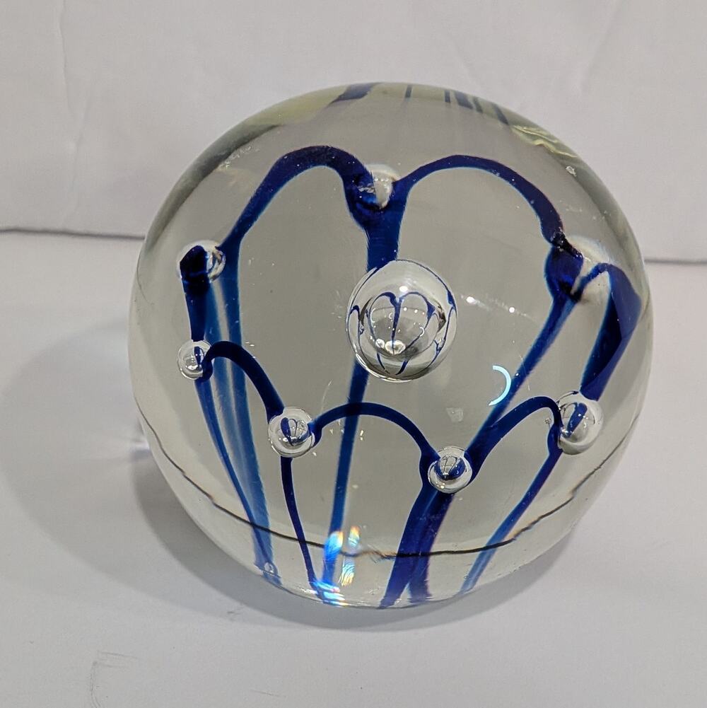 Vintage Hand Blown Art Glass Paperweight Cobalt Blue Swirl Controlled Bubbles